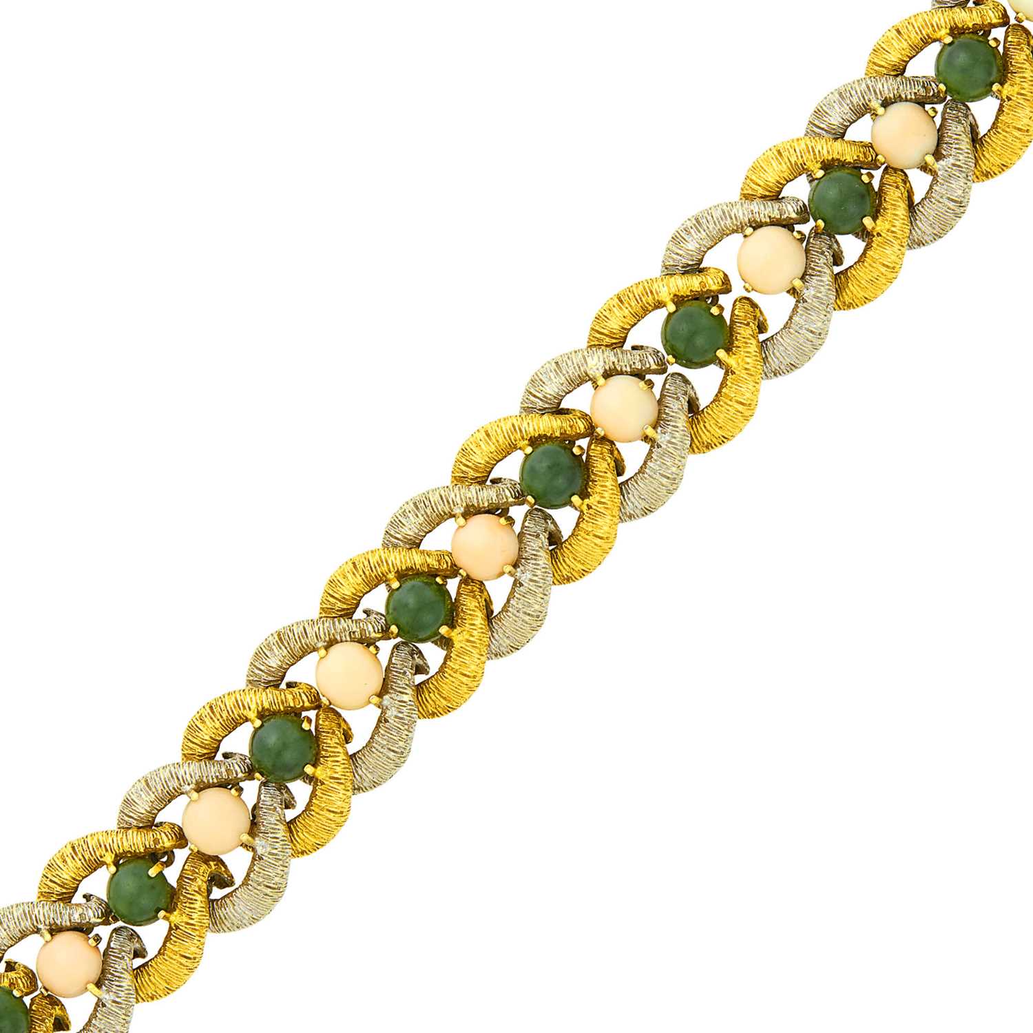 Lot 38 - Two-Color Gold, Angel Skin Coral and Nephrite Bracelet
