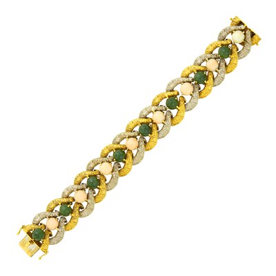 Lot 38 - Two-Color Gold, Angel Skin Coral and Nephrite Bracelet