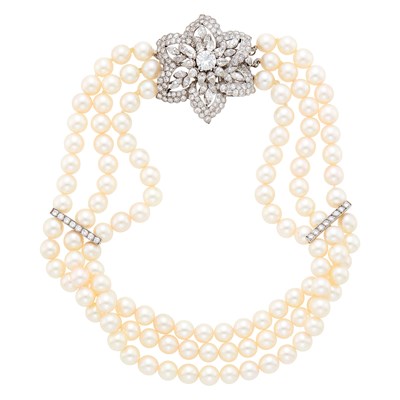 Lot 149 - Triple Strand Cultured Pearl, Platinum and Diamond Necklace