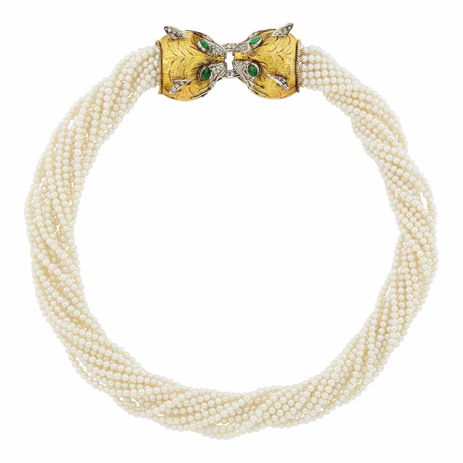 Lot 109 - Multistrand Cultured Pearl, Two-Color Gold, Cabochon Emerald and Diamond Panther Head Torsade Necklace