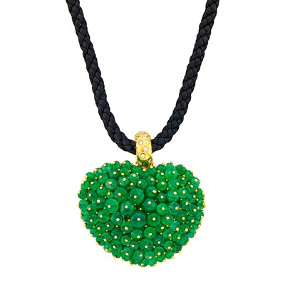 Lot 95 - Gold, Emerald Bead and Diamond Heart Pendant Clip-Brooch with Black Cord Necklace