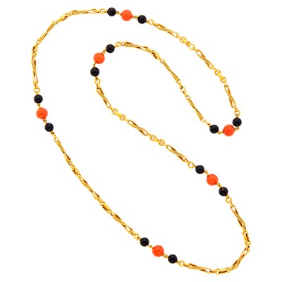 Lot 2 - Long Gold, Coral and Black Onyx Bead Chain Necklace, France