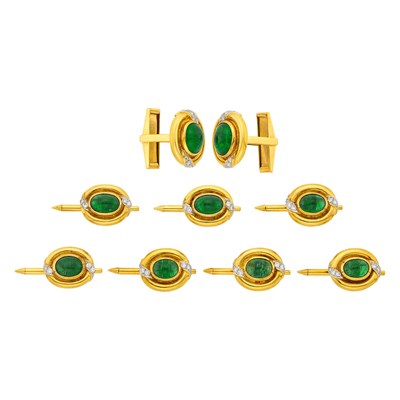 Lot 23 - Two-Color Gold, Cabochon Emerald and Diamond Dress Set