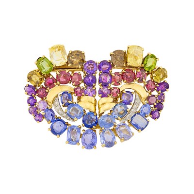 Lot 63 - Gold, Platinum, Colored Stone and Diamond Double Clip-Brooch