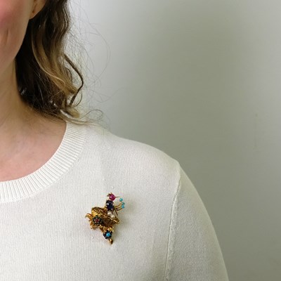 Lot 90 - Gold, Turquoise, Cultured Pearl and Cabochon Colored Stone Bird in Nest Clip-Brooch, France