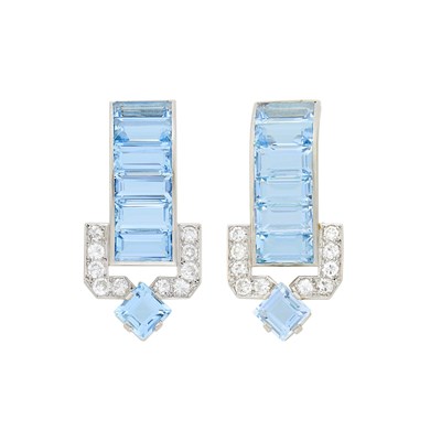 Lot 120 - Pair of Platinum, Aquamarine and Diamond Clip-Brooches