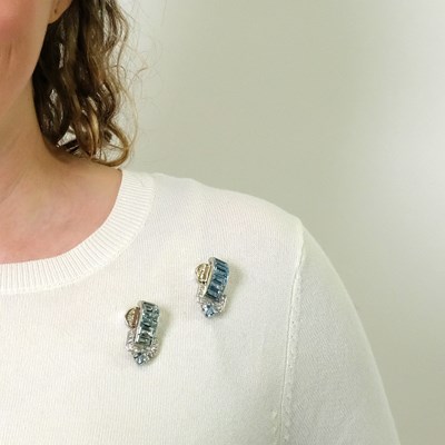 Lot 120 - Pair of Platinum, Aquamarine and Diamond Clip-Brooches