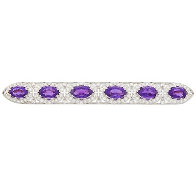 Lot 162 - Tiffany & Co. Platinum, Gold, Amethyst and Diamond Bar Brooch