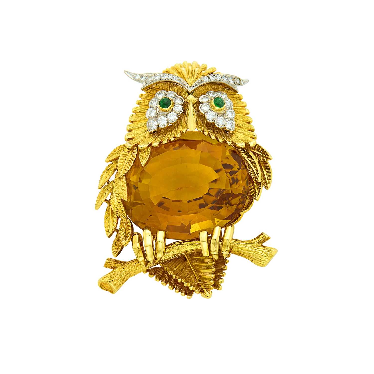 Lot 74 - Two-Color Gold, Citrine, Cabochon Emerald and Diamond Owl Clip-Brooch
