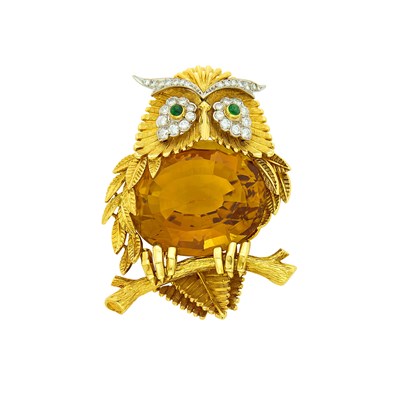 Lot 74 - Two-Color Gold, Citrine, Cabochon Emerald and Diamond Owl Clip-Brooch