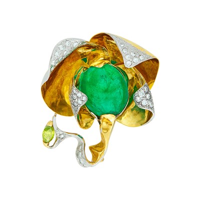 Lot 15 - Two-Color Gold, Cabochon Emerald, Colored Diamond and Diamond Brooch