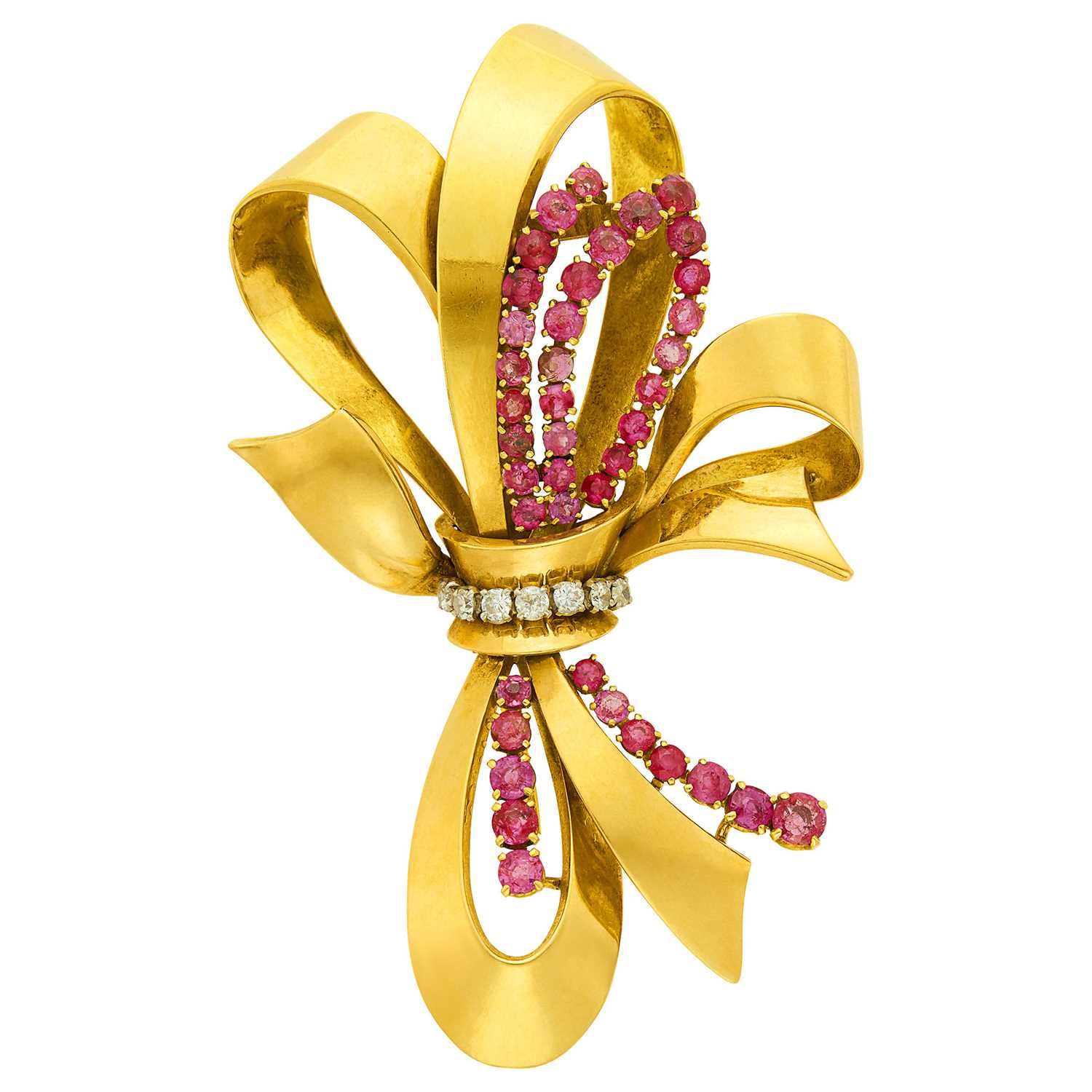 Lot 18 - Gold, Platinum, Ruby and Diamond Bow Clip-Brooch, France