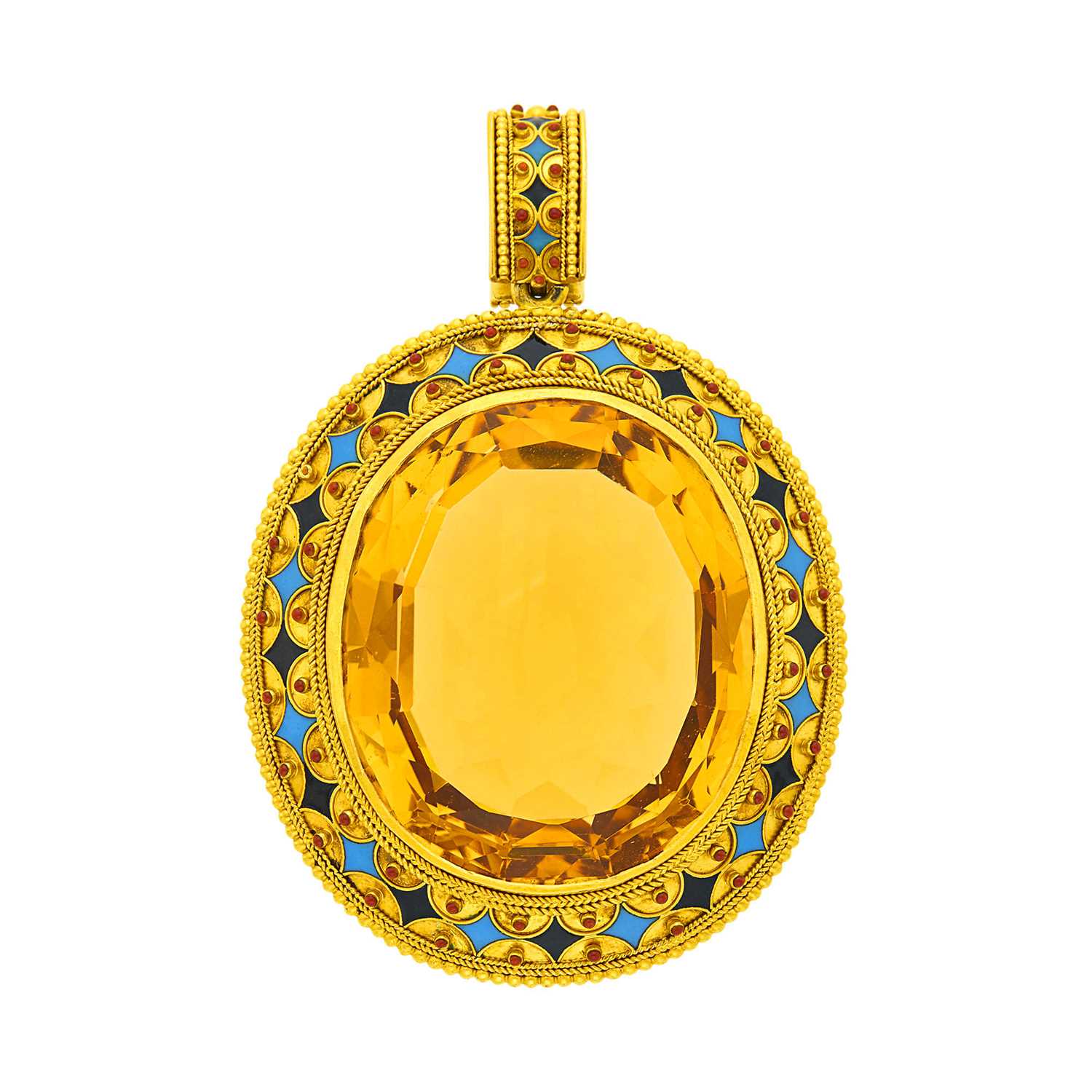 Lot 71 - Antique Gold, Citrine and Enamel Pendant