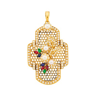 Lot 1224 - Gold, Cultured Pearl, Diamond and Gem-Set Pendant