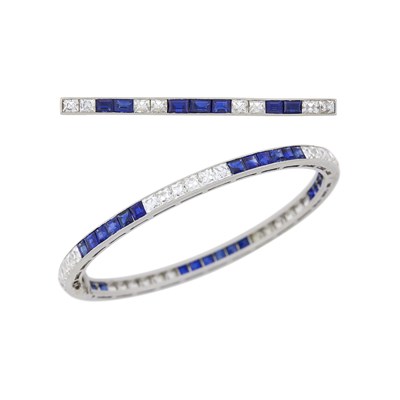 Lot 125 - Tiffany & Co. Platinum, Sapphire and Diamond Bangle Bracelet and Bar Pin