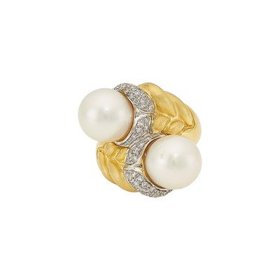 Lot 1232 - Two-Color Gold, Cultured Pearl and Diamond Crossover Ring