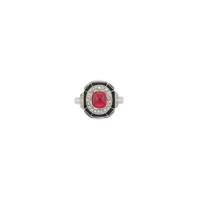 Lot 168 - Platinum, Cabochon Ruby, Diamond and Black Onyx Ring