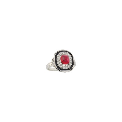 Lot 168 - Platinum, Cabochon Ruby, Diamond and Black Onyx Ring