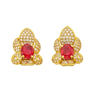 Lot 1010 - Pair of Gold, Synthetic Ruby and Diamond Earrings