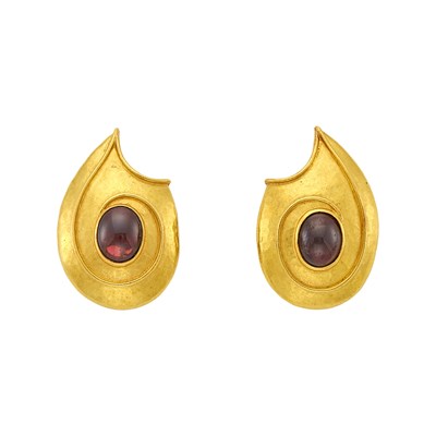 Lot 1052 - Pair of Hammered High Karat Gold and Cabochon Garnet Earclips