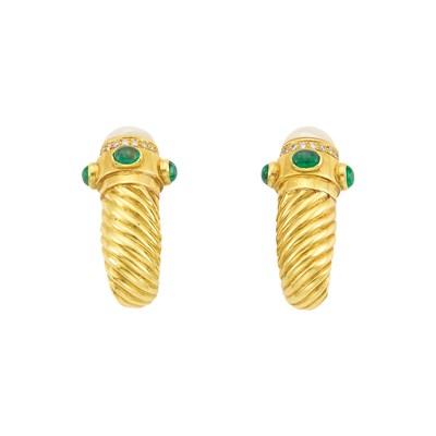 Lot 1062 - Pair of Gold, Mabé Pearl, Cabochon Emerald and Diamond Earclips