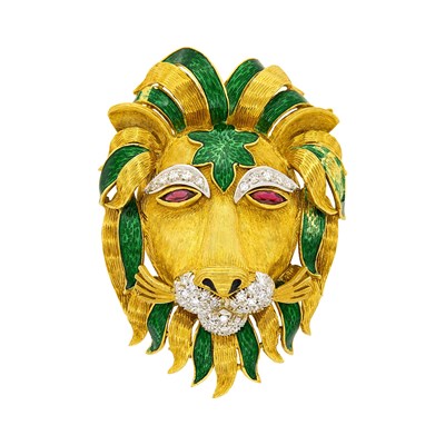 Lot 20 - Two-Color Gold, Diamond, Ruby and Green Enamel Lion Clip-Brooch