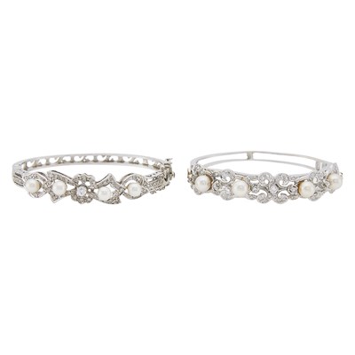 Lot 1100 - Pair of White Gold, Cultured Pearl and Diamond Bangle Bracelet