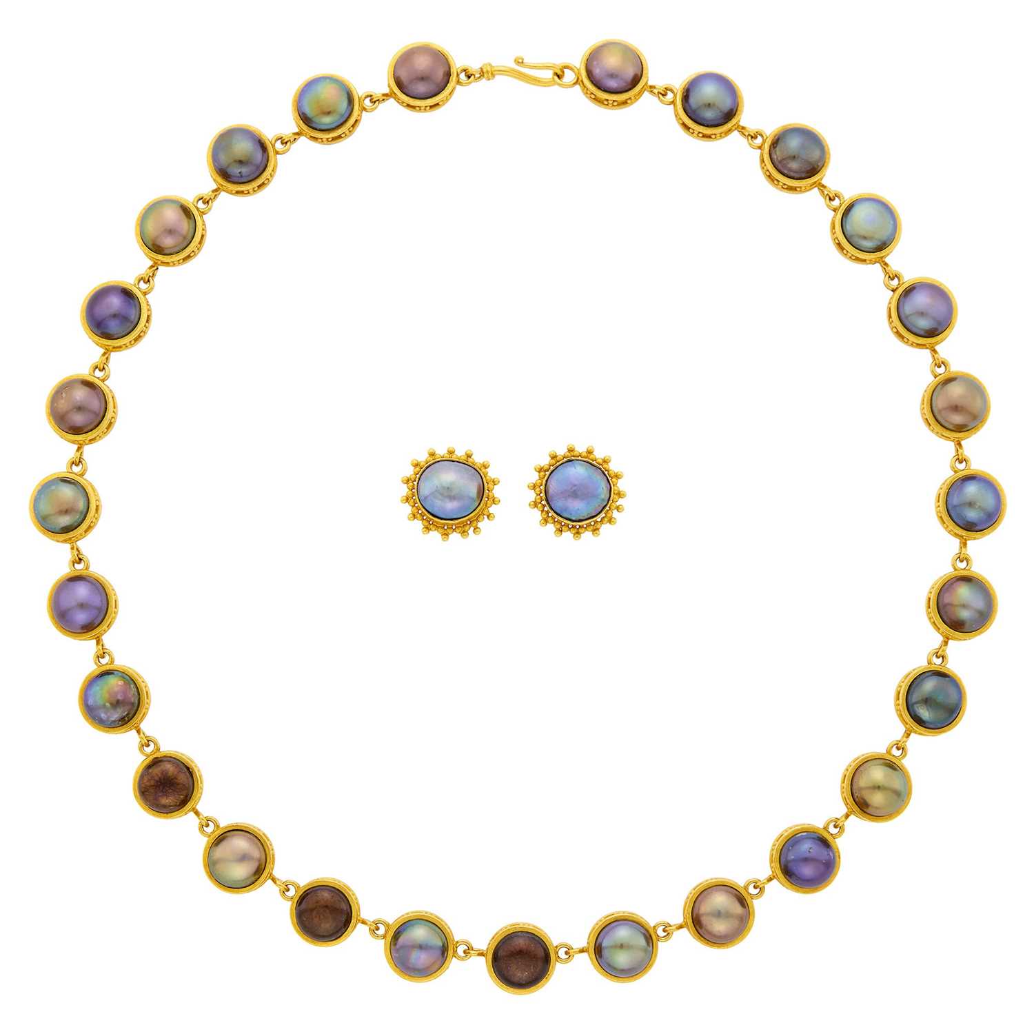 Lot 95 - Carolyn Tyler High Karat Gold and Black Cultured Button Pearl Necklace and Pair of Earrings