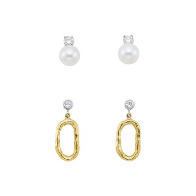 Lot 1247 - Pair of White Gold, Cultured Pearl and Diamond Earrings and Pair of Gold and Diamond Pendant-Earrings