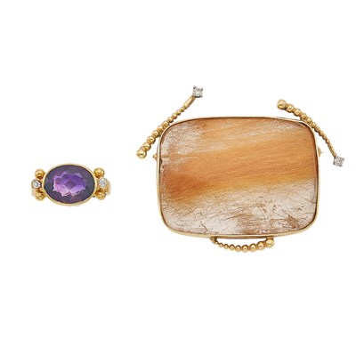 Lot 1220 - Gold and Rutilated Quartz and Diamond Brooch and Amethyst and Diamond Ring