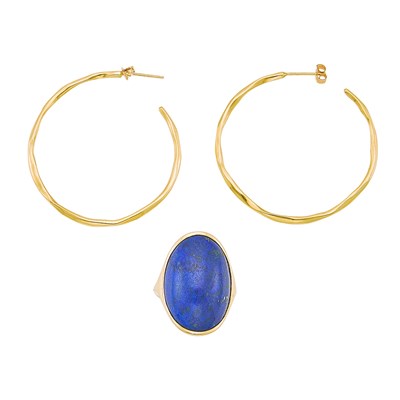 Lot 1177 - Gold and Lapis Ring and Pair of Gold Hoop Earrings