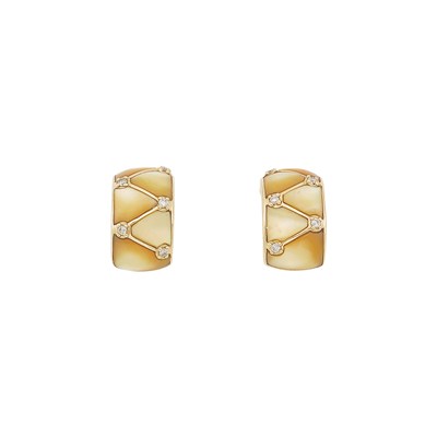 Lot 1007 - Pair of Gold, Yellow Mother-of-Pearl and Diamond Half Hoop Earrings