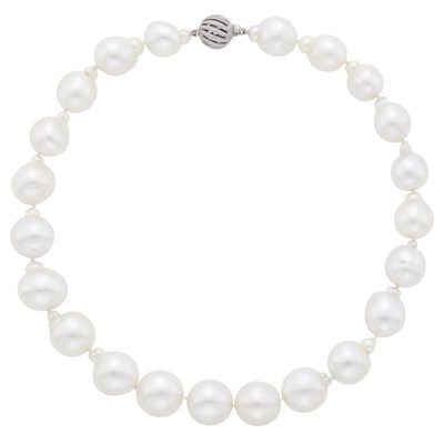 Lot 83 - Semi-Baroque South Sea Cultured Pearl Necklace with Fluted White Gold Ball Clasp