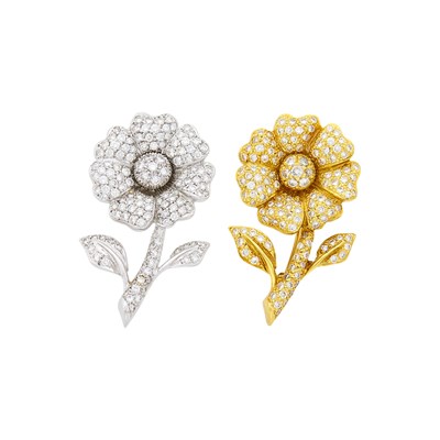 Lot 48 - Pair of Yellow and White Gold and Diamond Flower Brooches