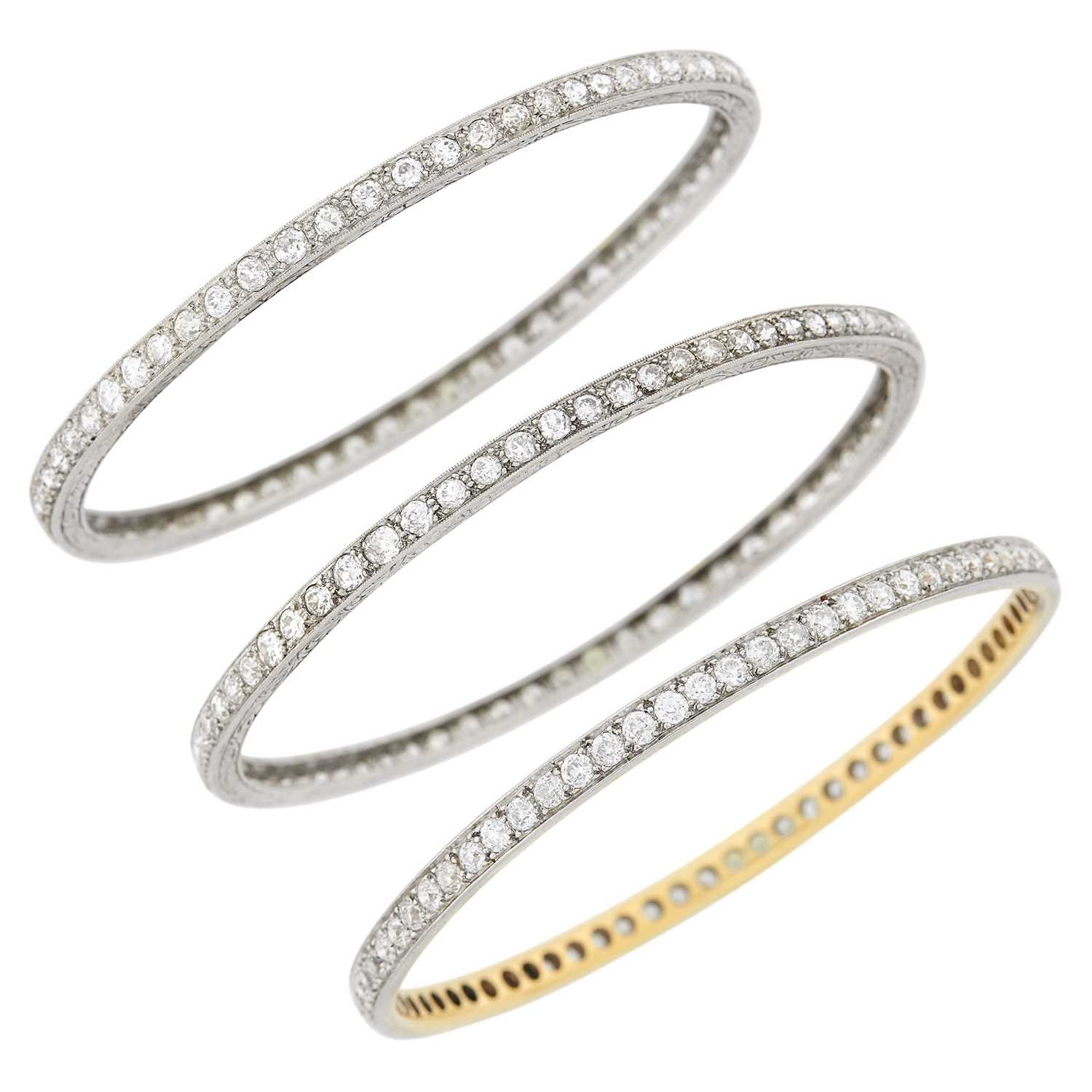 Lot 191 - Pair of Platinum and Diamond Bangle Bracelets and Platinum, Gold and Diamond Bangle Bracelet