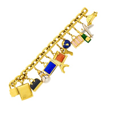 Lot 45 - Louis Vuitton Two-Color Gold, Hardstone and Enamel Travel Charm Bracelet, France