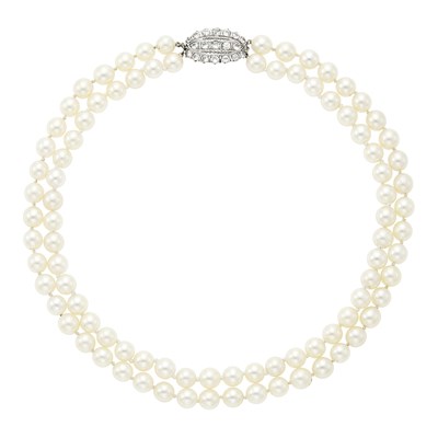 Lot 1094 - Double Strand Cultured Pearl Necklace with Platinum and Diamond Clasp