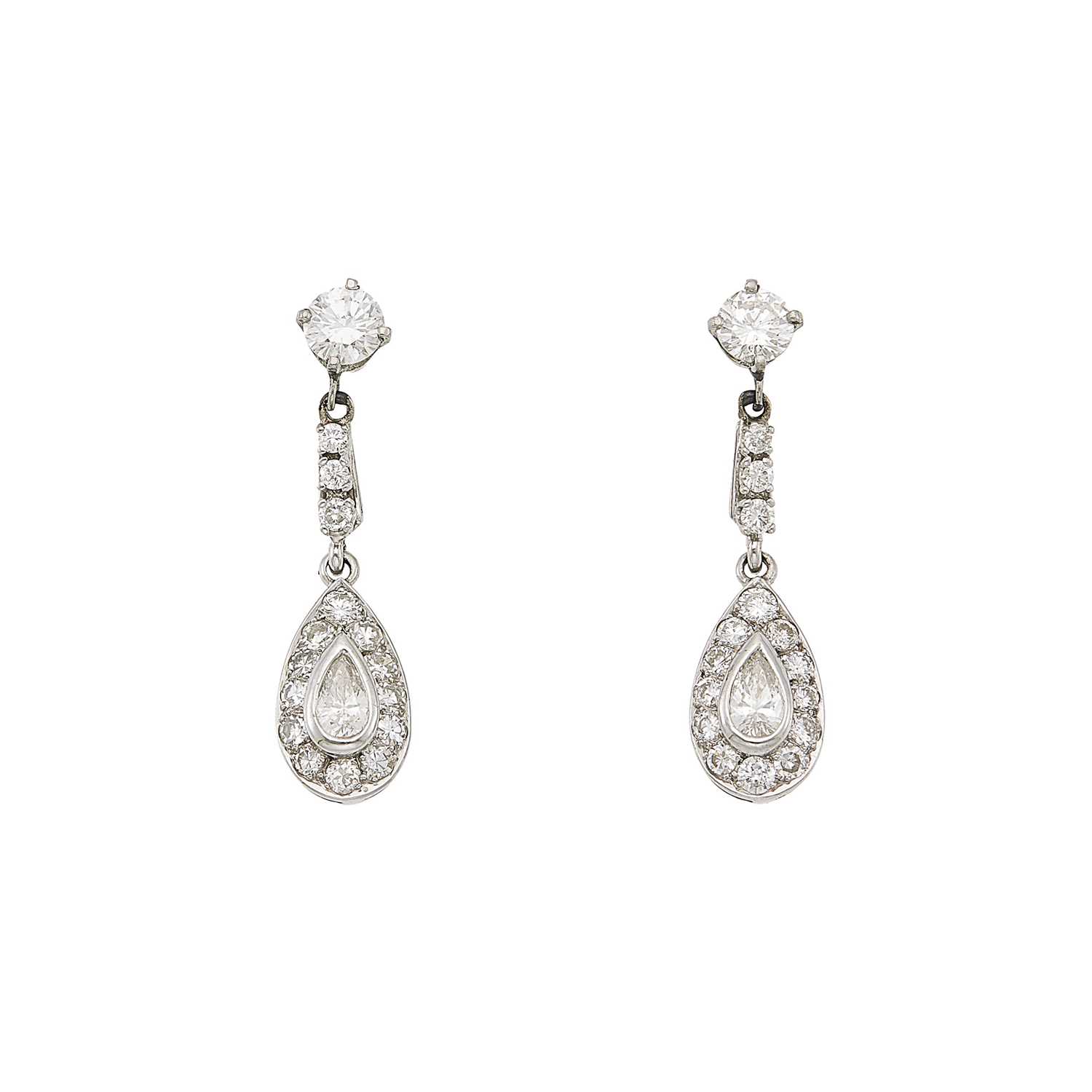 Lot 1109 - Pair of White Gold and Diamond Pendant-Earrings