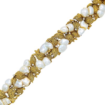 Lot 1246 - Gold, Baroque Freshwater Pearl and Diamond Bracelet