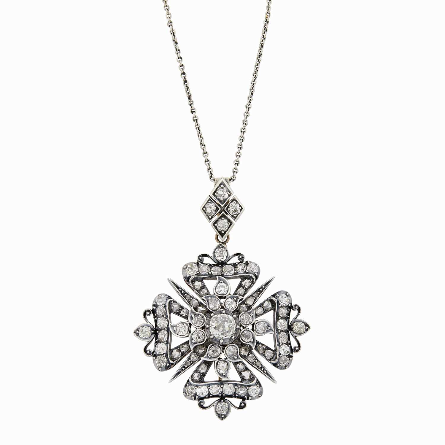 Lot 183 - Antique Silver, Gold, Diamond and Maltese Cross Pendant with Long Platinum Chain Necklacae