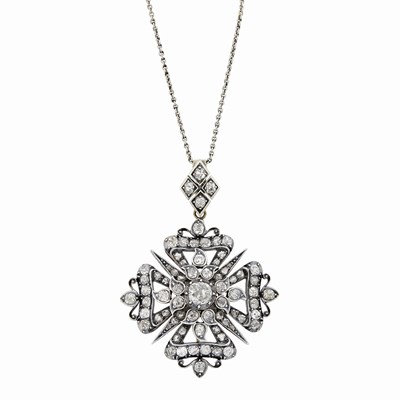 Lot 183 - Antique Silver, Gold, Diamond and Maltese Cross Pendant with Long Platinum Chain Necklacae