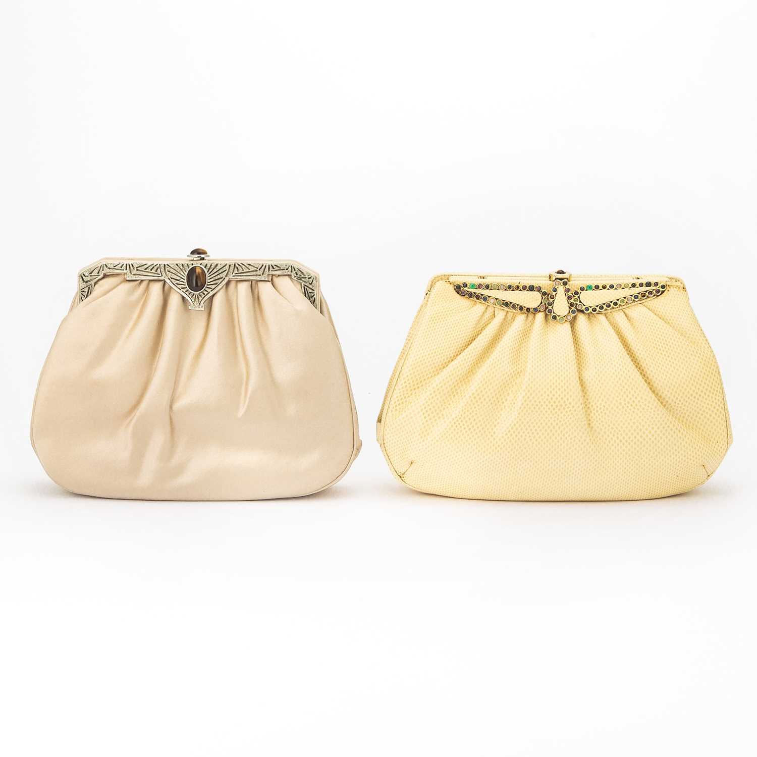Lot 182 - Judith Leiber Two Off-White Satin and Lizard Bags