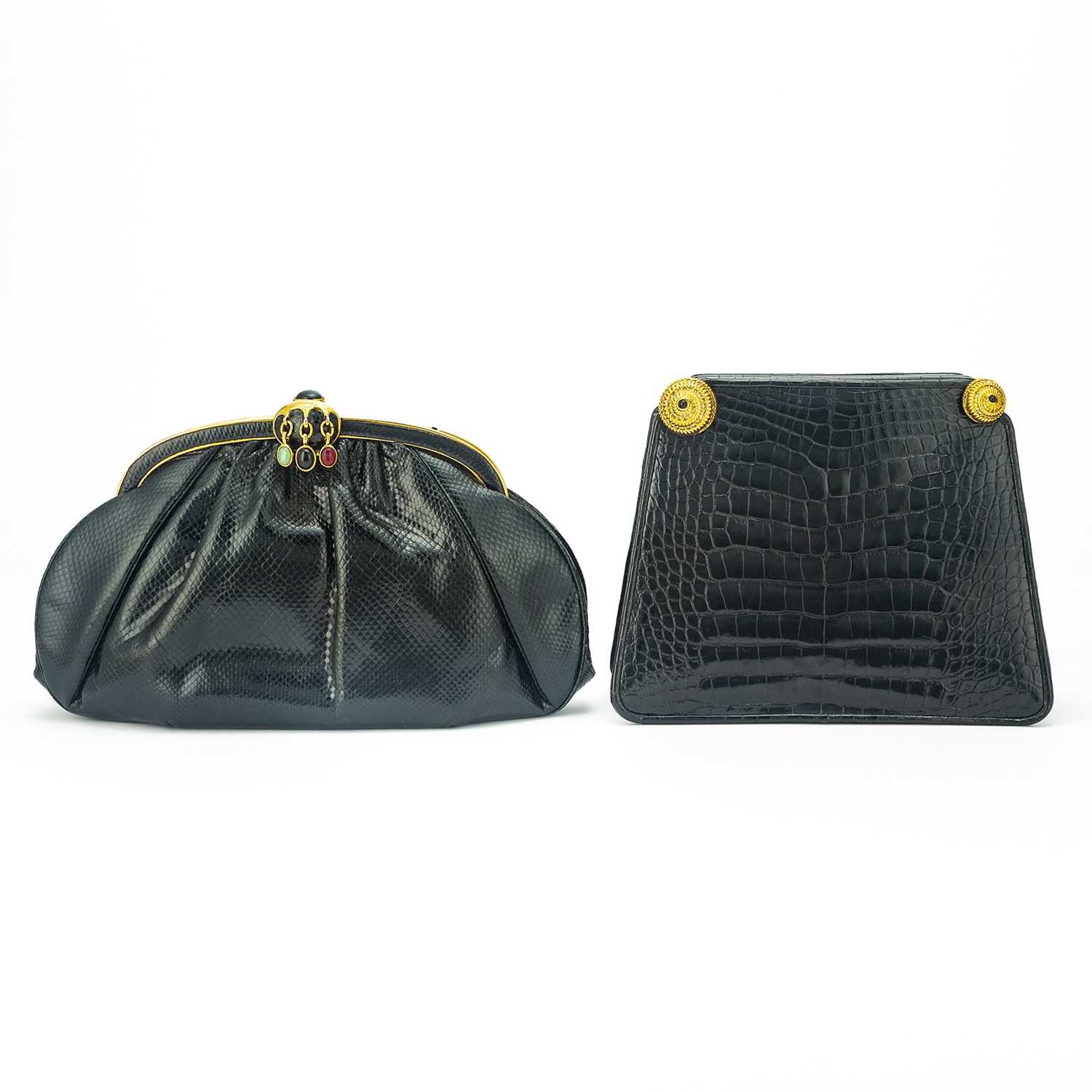 Lot 181 - Two Judith Leiber Black Lizard, Alligator and Multicolored Stone Bags