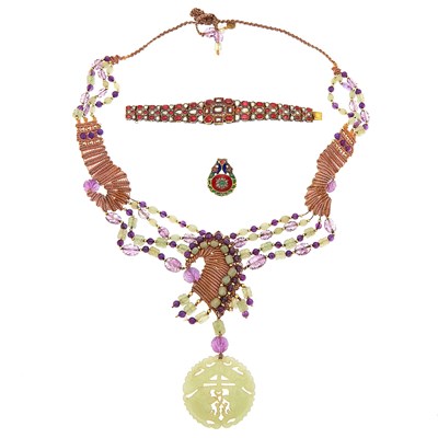 Lot 1154 - Indian Gold, Silver, Foil-Backed Diamond, Paste and Jaipur Enamel Bracelet and Ring, Carved Jade and Amethyst Bead Necklace with Woven Fabric