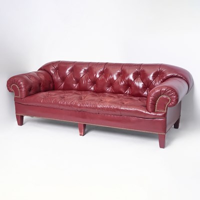 Lot 206 - Chesterfield Tufted Burgundy Leather Sofa