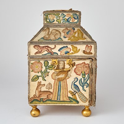 Lot 690 - Charles II Stumpwork, Silk and Metal Thread-Embroidered Cabinet