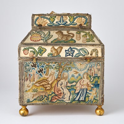 Lot 690 - Charles II Stumpwork, Silk and Metal Thread-Embroidered Cabinet