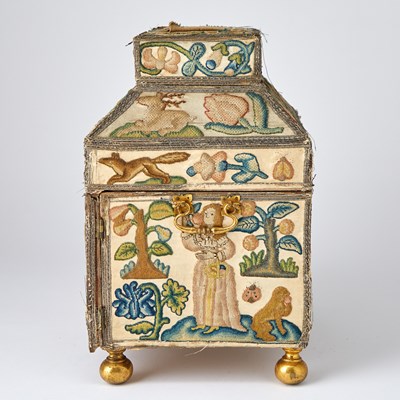 Lot 690 - Charles II Stumpwork, Silk and Metal Thread-Embroidered Cabinet