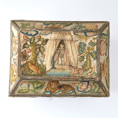 Lot 690 - Charles II Stumpwork, Silk and Metal Thread-Embroidered Cabinet