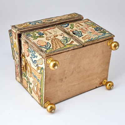 Lot 690 - Charles II Stumpwork, Silk and Metal Thread-Embroidered Cabinet